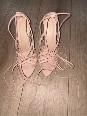 Wild Diva Blush Pink Lace-Up Pointed Toe Heels